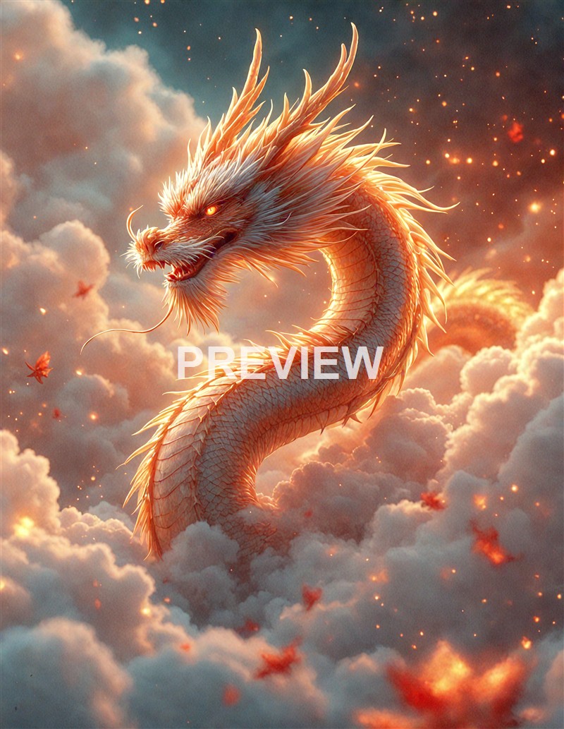 A fiery, mythical dragon with a long, serpentine body, sharp horns, glowing eyes, and a fierce expression, surrounded by clouds and glowing embers in a dramatic sky.